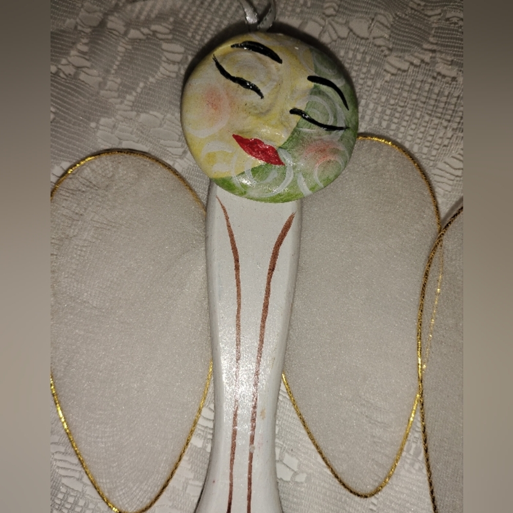 Handmade and handpainted ceramic folk art lace paintbrush angel ornaments - Picture 2 of 11
